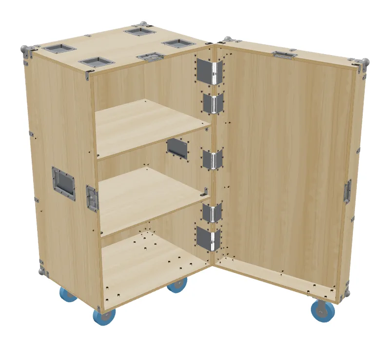An upright roadcase with its hinged front door open, showing shelves inside.