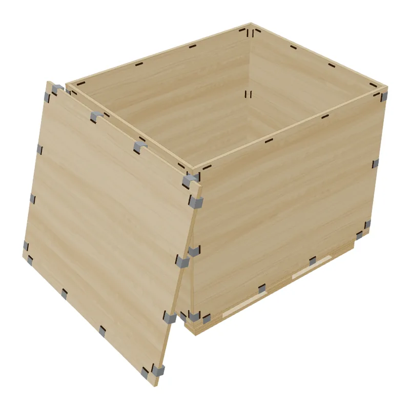 An open clip-together crate with spring clips at the corners, its lid leaning against the end.