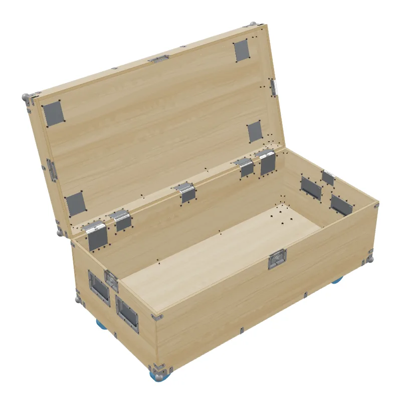 A roadcase with its hinged lid open, showing ball corners, recessed latches and handles, and casters.